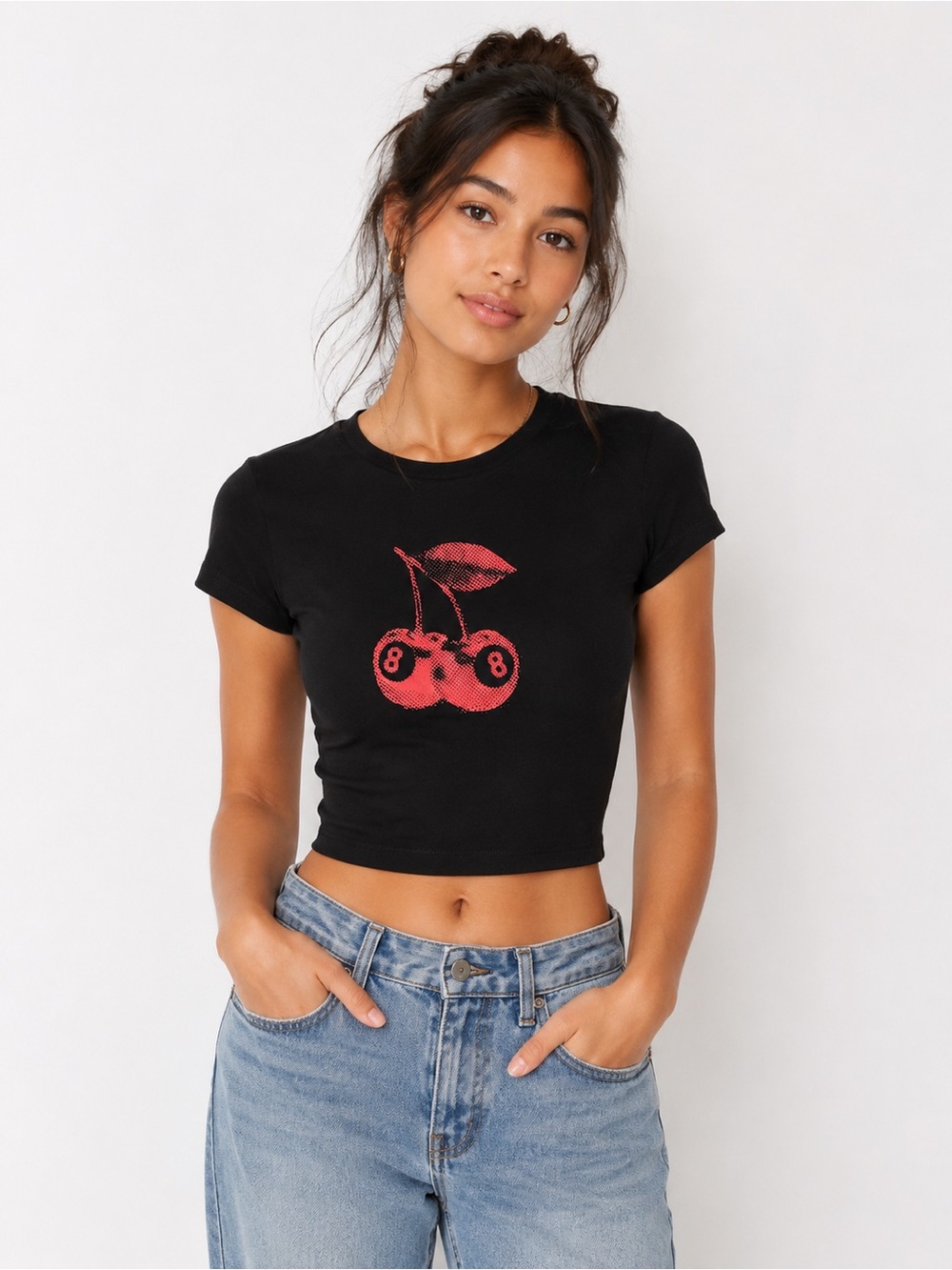 Garage Black Crop Top with Red Cherry Graphic Tee